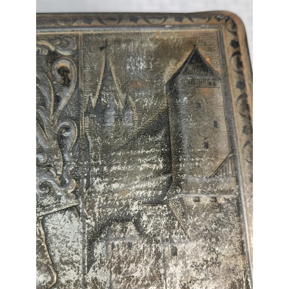 Vintage German Silver Tin Biscuit Box Knight Jousting Castles Horse History